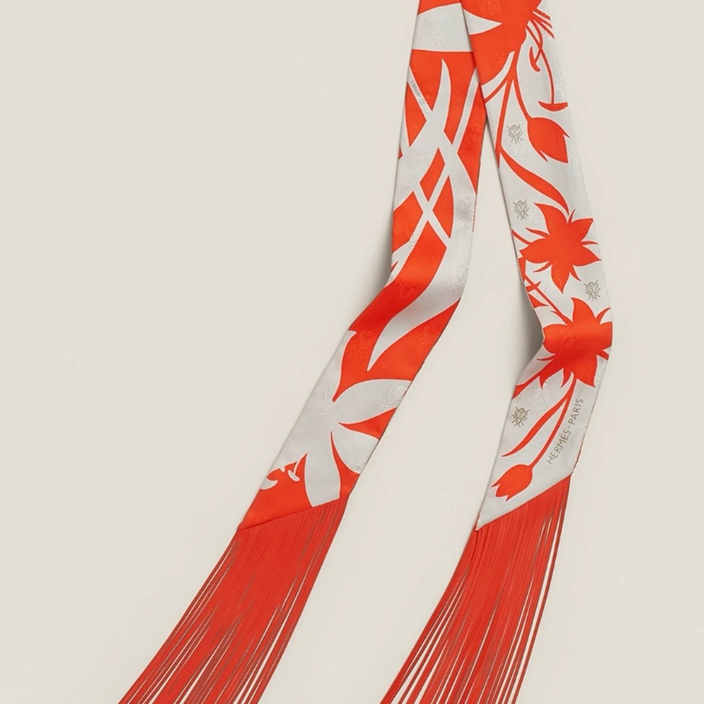 Hermes Scarf Twilly Fringe Leather Bouquet Final Abeille Gris Perle Vermillon